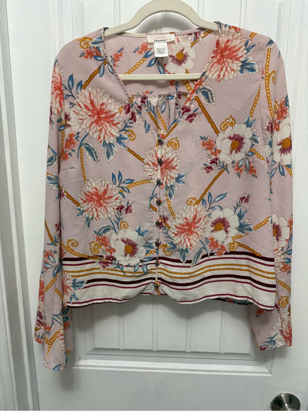 Urban Romantics Size L Womens Floral V-Neck Long Sleeve Button Up Blouse (56-11)